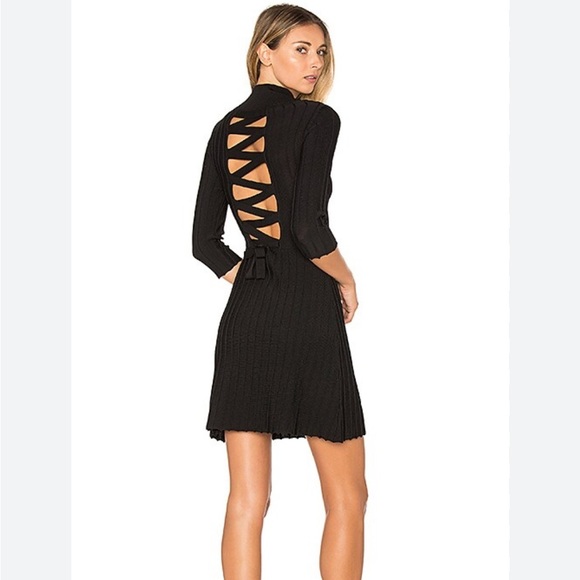 For Love And Lemons X KNITZ Simone Laced Black Sweater 3/4 Sleeve Mini Dress - Picture 1 of 7